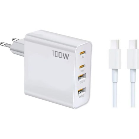 Chargeur rapide GaN 100W, adaptateur universel PD 100W pour téléphone et ordinateur portable, prise directe UE + câble C-C 1m