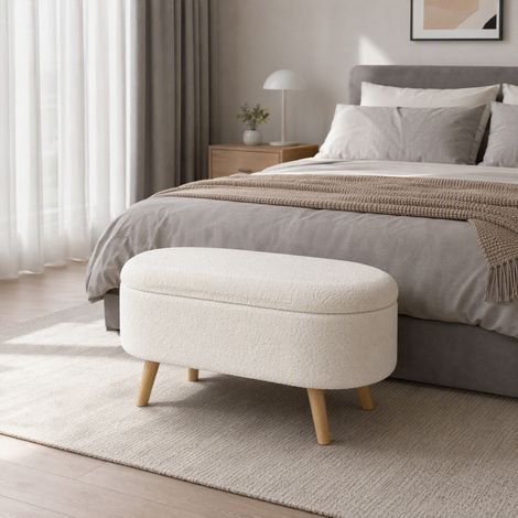 Banc de Rangement, Bout de Lit Rembourré en Peluche Teddy avec Couvercle et Pieds en Bois, 82 x 41 x 45 cm, Blanc (1/5)