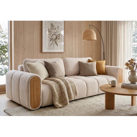 Canapé convertible 3 places effet nuage SOLINIA en tissu beige avec bois (1/4)