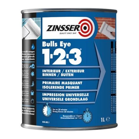 Zinsser Bulls Eye 1-2-3 Primer 1 L – Primaire d'accrochage isolant universel pour intérieur et extérieur