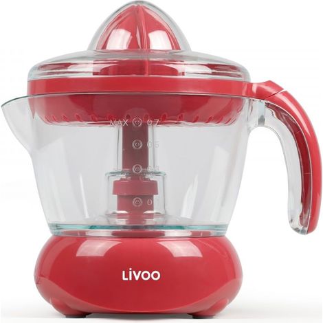 LIVOO, Spremiagrumi elettrico rosso DOD131RC, Potenza 25 W, 60-65 giri al min., Spegnimento automatico, con ciotola di recupero del giogo da 700 ml, 2 coni intercambiabili (1/4)