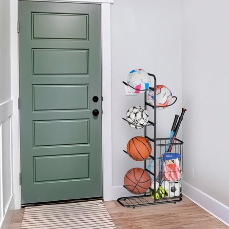 Relaxdays Ball Storage Rack, 6 Holders, for Basketball & Football, with ...