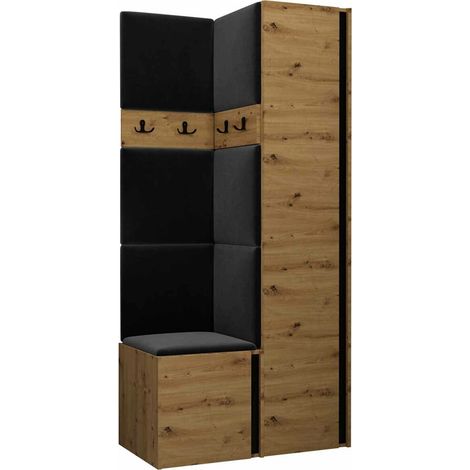 Meuble d'entrée Pinis XXIV, Chêne Artisan + Noir, 186x82x46cm, Stratifié, Tissu, À poser, Murale