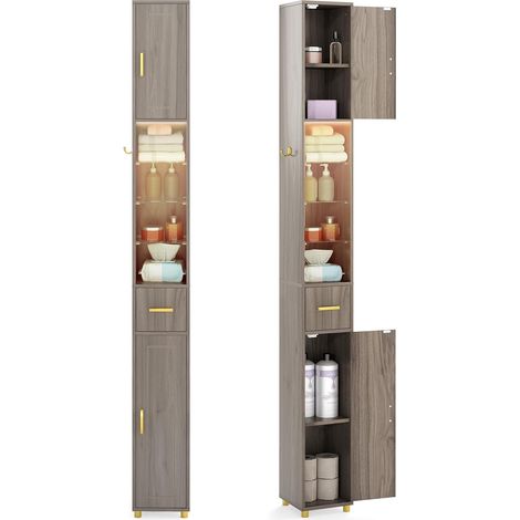 COSTWAY Mobile da Bagno Alto 181 cm, Armadio Stretto con 2 Ante e Ripiani Regolabili, Striscia Luminosa a 3 Colori, 3 Ripiani in Vetro Temperato, Cassetto e Gancio Laterale per Bagno e Cucina (Grigio) (1/5)