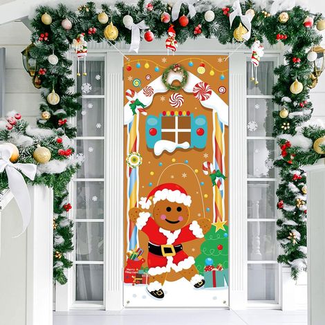Pancarta de casa de jengibre para decoración navideña, pancarta de tela para pared exterior, decoración navideña para puerta, póster grande para fondo de fotos navideñas, 180 x 90 cm