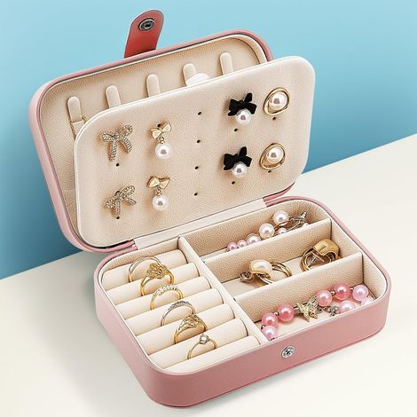 Petite boîte à bijoux de voyage pour femmes et filles, étui à bijoux de voyage à 2 couches, mini présentoir portable（Rose） (1/5)