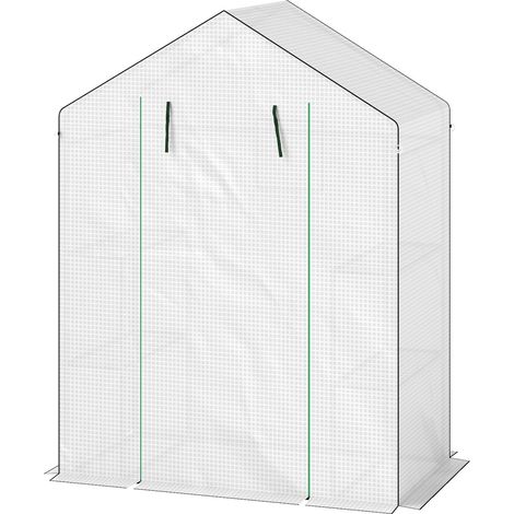 Gewächshaus mit Rolltür, Fenster, Regale, winterfest Foliengewächshaus aus Stahl, Treibhaus für Balkon, Garten, Tomatenhaus 143 x 74 x 190 cm, Tomatengewächshaus für Tomaten, Gemüse, Weiß Aosom