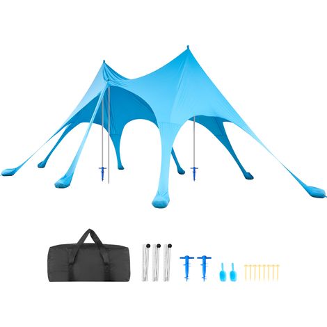 Mophorn Strandzelt mit UV-Schutz (UPF 50+) 6,1 x 4 x 2,8 m, Strandmuschel mit Sandsäcken, Stützstangen und Sandschaufeln, Tragbares Sonnensegel für Familienausflüge, Camping und Angeln in Blau
