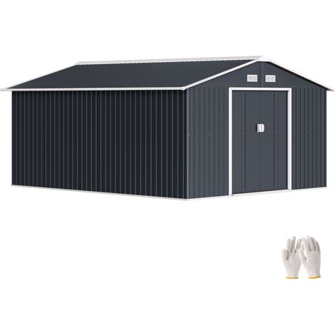 Abri Jardin Acier Galvanisé 12,4 m² Kit Fondation Aérations Toit Pente Porte Double Verrouillable Rangement Outils Gris (1/5)