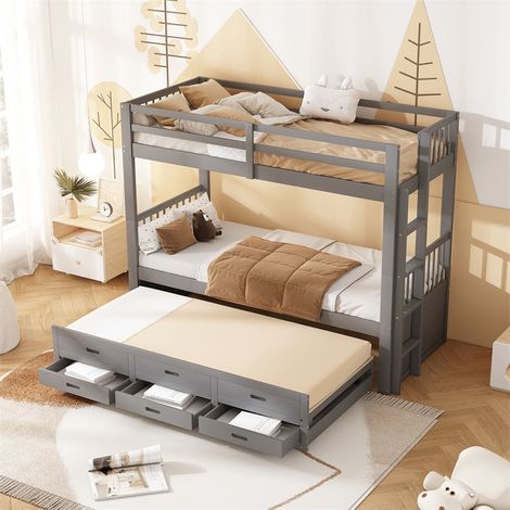 Lit superposé 90x200cm - Lit d'Enfant Cadre de Lit en Pin et MDF avec échelle Échelle - Lit Extensible + 3 Tiroirs Gris (1/5)