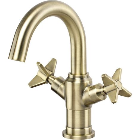 Miscelatore lavabo con bocca girevole in ottone due maniglie finitura ottone - Tevo