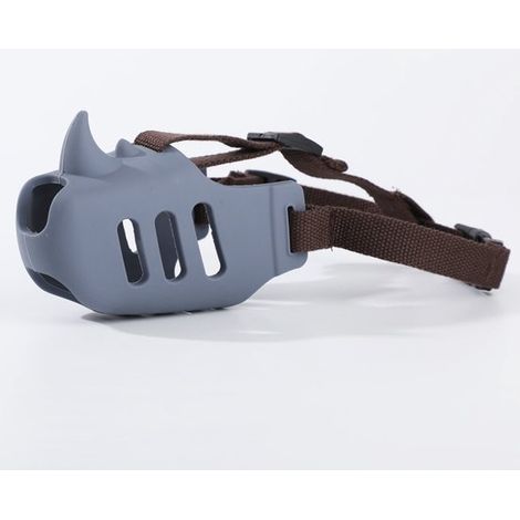 Museruola anti-morso per cani. Museruola morbida a forma di rinoceronte con cinturino regolabile, in silicone traspirante, per cani di piccola e media taglia. (1/2)