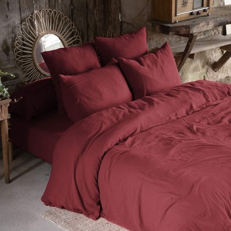Parure de lit 200x200 double gaze de coton bordeaux Terre de Nuit