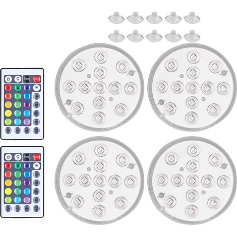 Lot de 4 lampes LED submersibles 16 couleurs avec ventouse magnétique pour piscine, aquarium, fontaine et fête.
