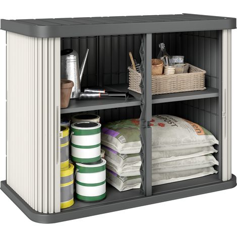 Aufbewahrungskiste für den Außenbereich, 480 l, 2 Ebenen, Schiebetüren, UV-beständig, 120,5 x 59,5 x 92 cm, hellbraun, wasserdicht, ideal für Garten oder Terrasse.