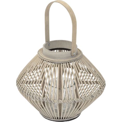 ECD Germany Bambus Laterne, Windlicht 42 cm, Holzfarbe, Gartenlaterne mit Henkel & Glaseinsatz, Boho Bambuslaterne, Kerzenhalter Flechtoptik, Innen/Außen, Deko Laterne für Terrasse Balkon Wohnzimmer