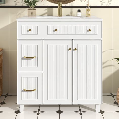 Meuble de Salle de Bain avec Lavabo Céramique 81,7 cm, Cabinet Vertical avec Surface Laquée, Espace de Rangement Multifonction et Pieds en Bois Massif, Design Moderne et Luxueux - Blanc (1/5)