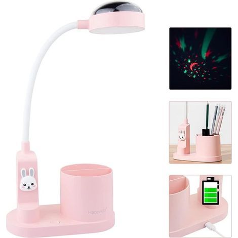 2000mAh rechargeable table lamp with star projection/pen holder, children's bedside lamp with flexible gooseneck/3 brightness levels, pink (1/4)