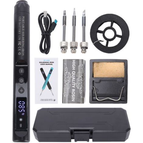 Kit de fer à souder sans fil avec écran LCD, rechargeable par USB-C, température réglable de 200 à 450 °C, mise en veille automatique, pour la réparation électronique JJXL003-Noir : Fer à souder numér (1/4)
