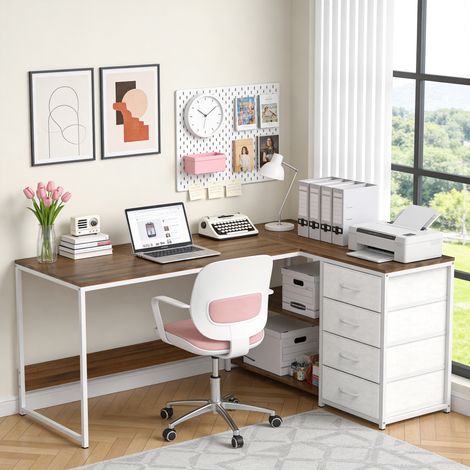 Bureau d'angle en Forme de L-Etagères de rangement-Grand plateau-Bureau d'ordinateur angle-150 x 120 x 75cm,Noyer et blanc