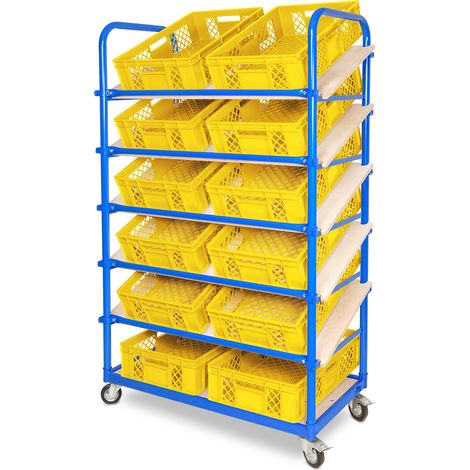 BRB Schrägboden-Regalwagen mit 6 Ebenen, bestückt mit 12 Euroboxen BxTxH 600x400x150 mm durchbrochen, BxTxH 1050x500x1690 mm (gelb)