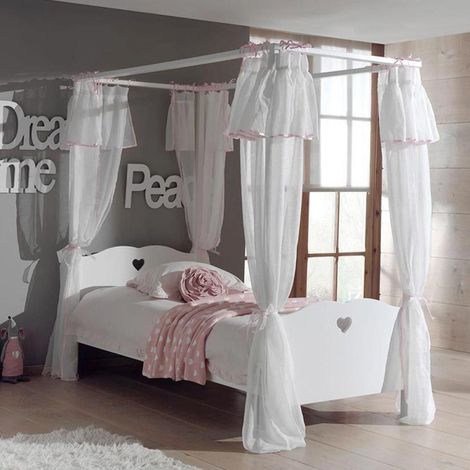 Pack - Lit à Baldaquin Enfant, Sommier & Voile "Amori" 90x200cm Blanc (1/4)