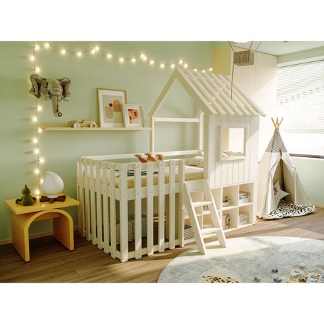 Lit simple enfant 90 x 200 cm en bois massif blanc avec toit, fenêtre, échelle et rangement ouvert, sans matelas (1/5)