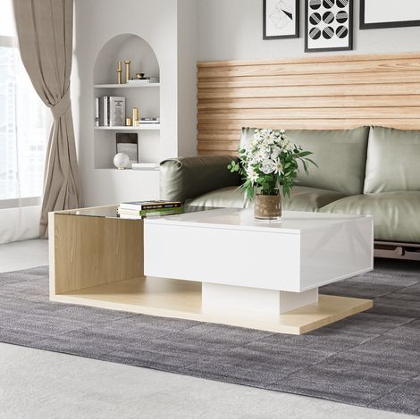 Mesa baja con 1 cajón, iluminación LED, para salón y dormitorio, cubierta de vidrio, en aglomerado, natural y blanco (1/5)