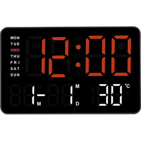 Réveil numérique LED de 10,5 pouces avec alarme, date, mois et affichage de la température et de l'humidité pour une gestion efficace du temps. Abat-jour orange, boîtier noir. (1/5)