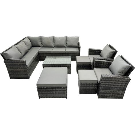 Fimous 11 Seat Poly Rattan Outdoor Patio Coffee Table Corner Sofa Set with 3 Stools 2 Chairs for Garden Backyard Dark Grey Mixed (1/5)