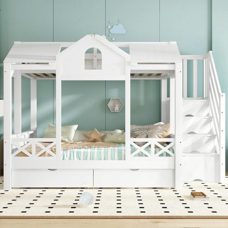 Lit superposé, lit bébé, deux tiroirs à roulettes, belles fenêtres et toit, armoire d'escalier avec 4 compartiments de rangement, pin + MDF + contreplaqué, blanc, 90 x 200 cm et 140 x 200 cm (1/5)