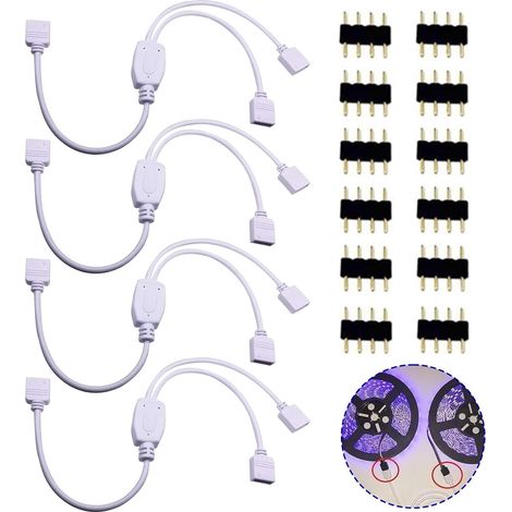 Lot de 4 câbles répartiteurs LED RVB, connecteurs de bande lumineuse LED à 4 broches, 1 à 2 câbles de connexion d'angle ruban 4 broches et répartiteur pour 5050 3528 2835 30 cm Blanc (1/5)