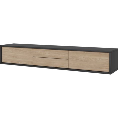 Mobile TV 180cm, 2 cassetti e 2 porte collezione MAANUM. Colore grigio e rovere chiaro.