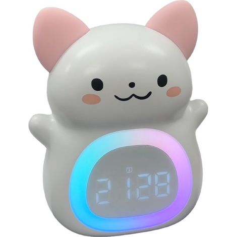 Réveil enfant chat mignon, veilleuse 7 couleurs, bruit blanc, double alarme, idéal pour la chambre des tout-petits (1/5)