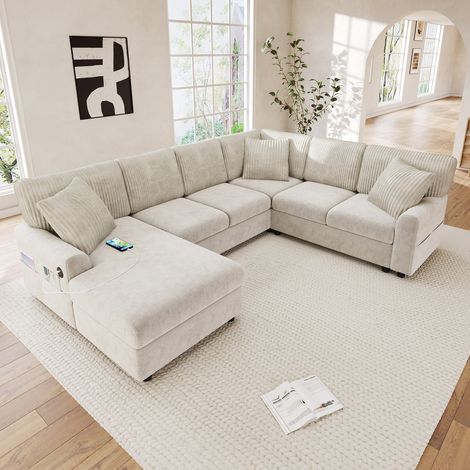Canapé d'angle moderne en U avec 1 méridienne,port USB+Type-C,3 coussins,poches latérales,canapé 6 places en chenille et velours côtelé,beige (1/5)