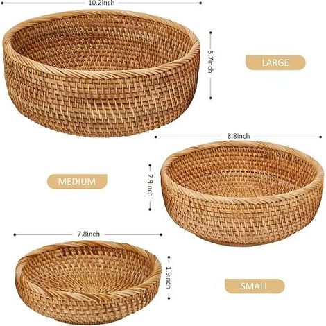 Round natural rattan fruit baskets, handwoven decorative serving baskets, wicker storage for dining room (round set) (1/4)