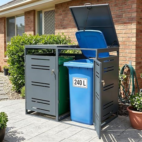 2 x 240 L Outdoor Double Metal Bin Cover with Gas Spring, Shock Absorber, Lockable Doors, Outdoor Bin Storage for Patio, Garden, Yard (Dark Grey) (1/5)