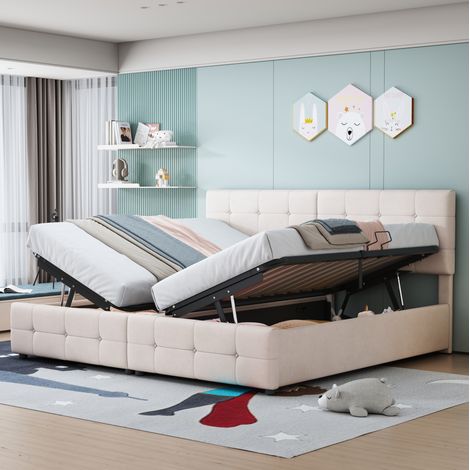 Letto imbottito classico 180x200 cm beige, con testiera regolabile e vano contenitore idraulico, trasformabile in 2 letti 90x200 (1/5)