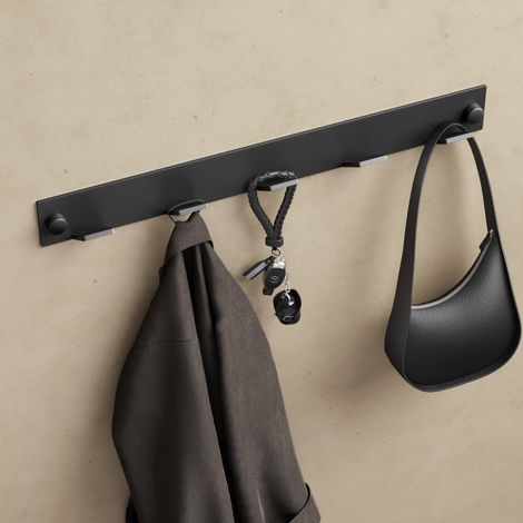 doporro Perchero de Pared de 5 Ganchos de Acero Inoxidable 304, Antióxido y Antideslizante, Instalación Sin Taladros o con Tornillos, Ideal Para Dormitorio, Cocina y Baño, Negro Mate, Stalo-03 (1/5)