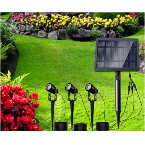 Lampe Solaire Exterieur Spot solaire exterieurà piquer ou mural Etanche IP66 3000K blanc chaud 450LM, lumiere exterieur solaire idéal pour Jardin, Terrasse, Arbustes, Massifs Lot de 3 [Classe énergéti (1/2)