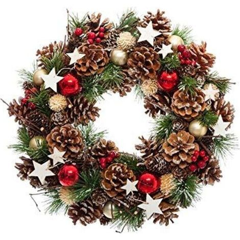 Couronne de Noël artificielle 35 cm avec houx, pommes de pin et étoiles – Décoration féerique de porte