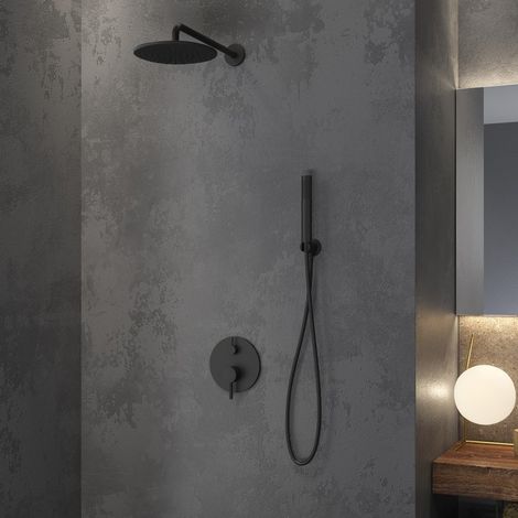 Set doccia nero opaco a parete con soffione, doccetta e presa acqua  KAM-ARTE NERO kamalu