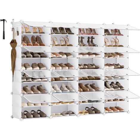 Étagère à Chaussures, Modulable, Rangement pour Chaussures, pour Vestiaire, Entrée, 16 Compartiments, pour 64 Paires, Blanc Nuage et Transparent LPC045WH01 (1/5)
