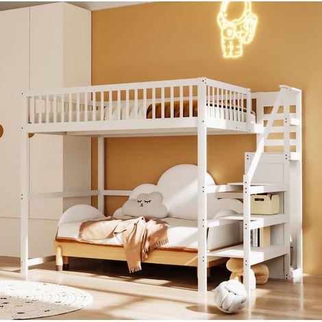 Lit mezzanine 140/200 cm blanc en bois avec escalier de rangement et penderie (1/5)