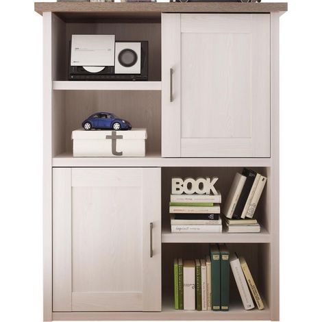 Highboard Landhaus Design LUND-78 in Pinie weiß Nb./Trüffel Eiche Nb., B/H/T: ca. 106/135/42 cm (1/5)
