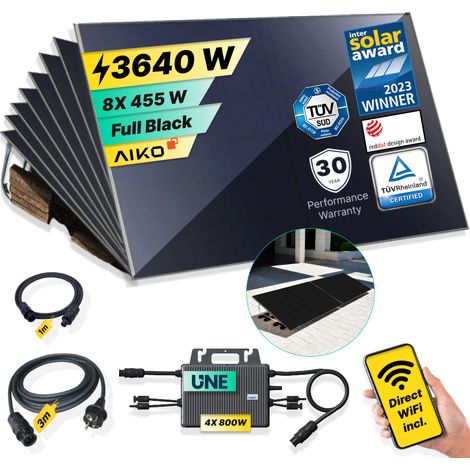 ROBINSUN®️ Kit Solar Enchufable Performance Flat 3.640Wp, 8 paneles Aiko 455Wp + 4 Microinversores 800W con Wifi incluído +Cable 3m + 8 Fijaciones 20º (1/5)