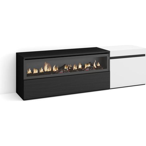 Skraut Home - Mobile TV Soggiorno, Ampio spazio a disposizione, 150x45x35cm, Per TV fino a 65", Camino elettrico, Stile moderno, Bianco e nero (1/5)