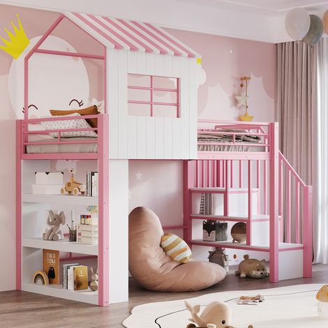 Letto a soppalco per bambini 90x200 cm con scaletta contenitore reversibile, ripiano e spondina di protezione, MDF in metallo rosa (1/5)