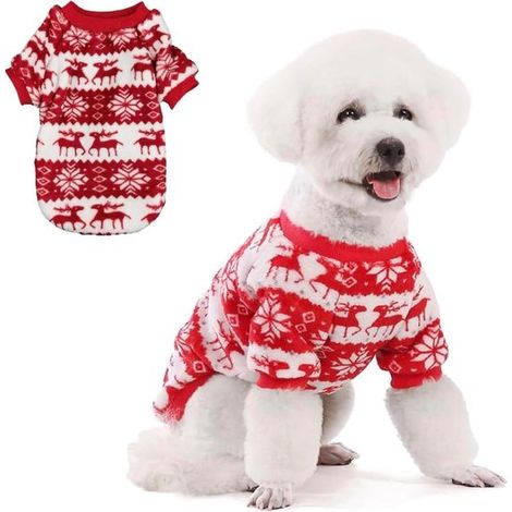 Ropa de otoño e invierno para cachorros: suéteres súper suaves y cálidos para mascotas, lindos suéteres de felpa a rayas, rojo navideño (1/5)