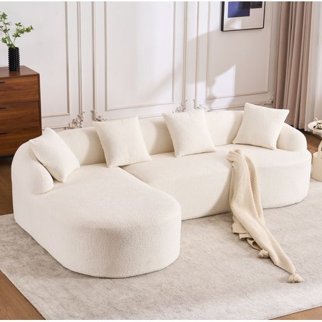 Divano modulare curvo a L con chaise longue sinistra e 2 posti in ciniglia bianca OKWISH (1/5)